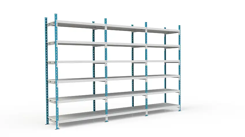 Fachbodenregal MAXIMUS Pro | Anbauregal | HxBxT 220x100x120cm | 6 Ebenen | Metallplatten-Fachboden | Fachlast 286kg | Lichtblau/Lichtgrau