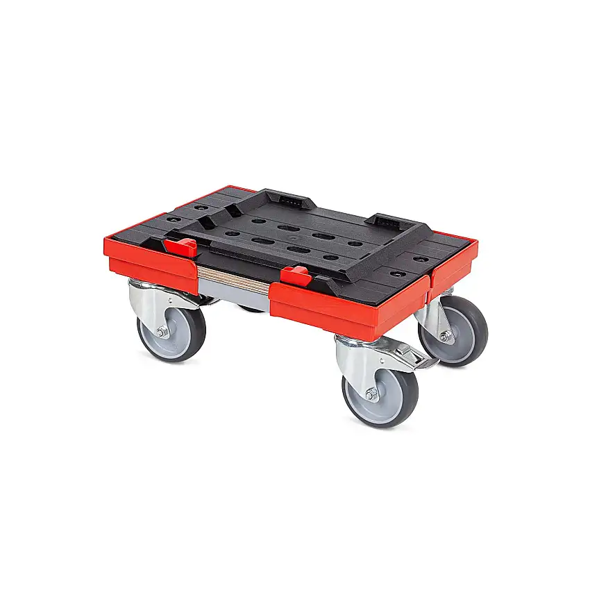 Transportroller für MetaBox S mit Gummiräder | BxT 40x30cm | 2 Bremsrollen & 2 Lenkrollen | Rot | Kistenroller Logistikroller Rollwagen Profi-Fahrgestell