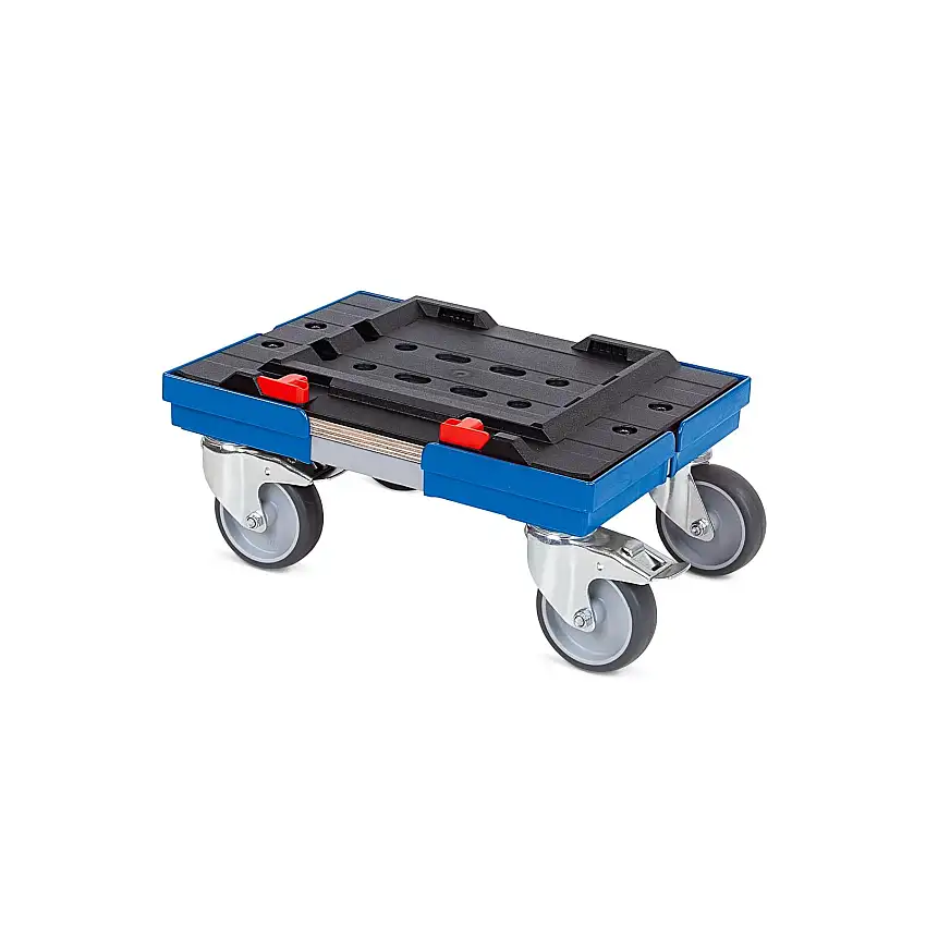 Transportroller für MetaBox S mit Gummiräder | BxT 40x30cm | 2 Bremsrollen & 2 Lenkrollen | Blau | Kistenroller Logistikroller Rollwagen Profi-Fahrgestell