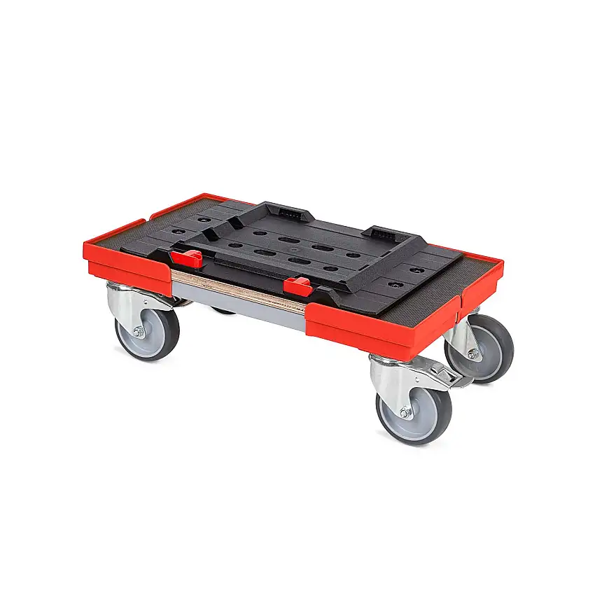 Transportroller für MetaBox L mit Gummiräder | BxT 50x30cm | 2 Bremsrollen & 2 Lenkrollen | Rot | Kistenroller Logistikroller Rollwagen Profi-Fahrgestell