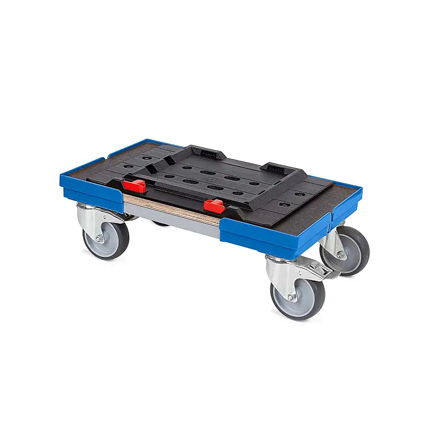 Transportroller für MetaBox L mit Gummiräder | BxT 50x30cm | 2 Bremsrollen & 2 Lenkrollen | Blau | Kistenroller Logistikroller Rollwagen Profi-Fahrgestell