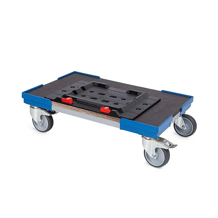 Transportroller für MetaBox XL mit Gummiräder | BxT 60x40cm | 2 Bremsrollen & 2 Lenkrollen | Blau | Kistenroller Logistikroller Rollwagen Profi-Fahrgestell