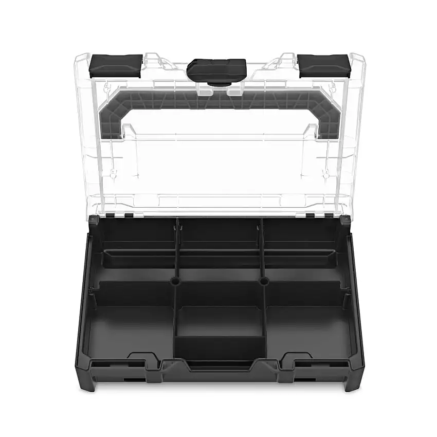 Werkzeugkoffer MetaBox XS mit transparentem Deckel & Trennsteg-Einsatz | HxBxT 6x17x25cm | 1,4 Liter | Mit Deck- & Frontgriff |ABS-Kunststoff | Schwarz | Kleinteilekoffer, Werkzeugkoffer, Transportbox, Systemkoffer