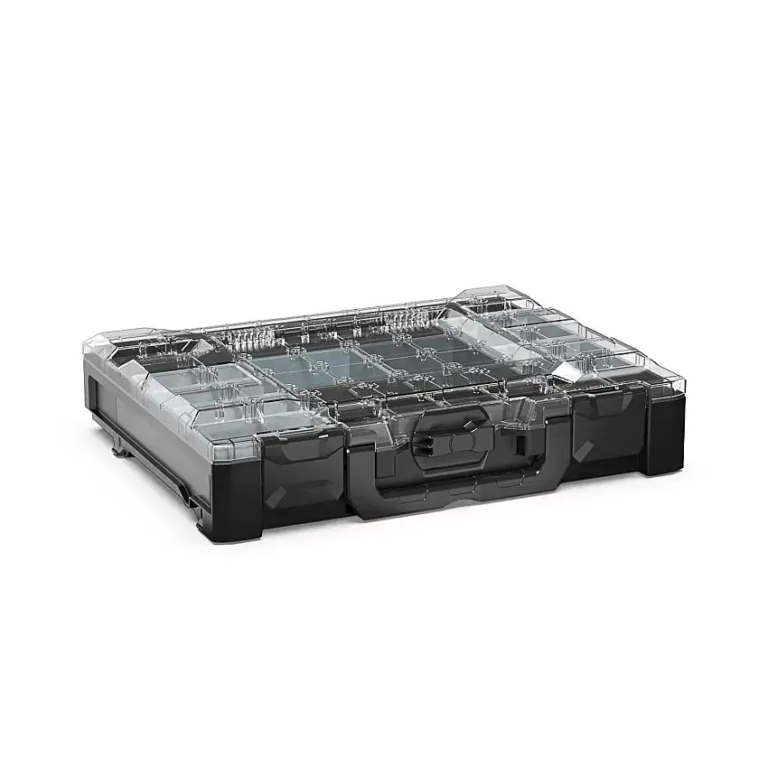 Werkzeugkoffer MetaBox M mit transparentem Deckel | HxBxT 9,5x44x35cm | 7,6 Liter | Mit Frontgriff | ABS-Kunststoff | Schwarz | Kleinteilekoffer, Werkzeugkoffer, Transportbox, Systemkoffer