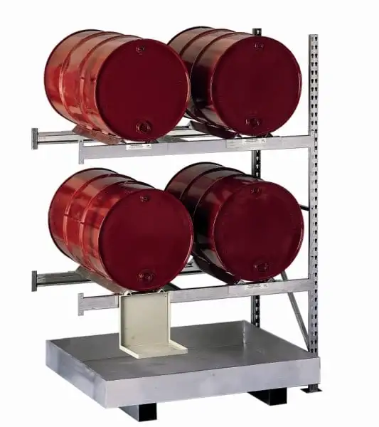 Meta Fassregal MINI-RACK für 4x200-Liter Fässer | Anbauregal | HxBxT 220x140x80cm | 2 Ebenen für Fässer & 1 Auffangwanne | Fachlast 600kg | Verzinkt