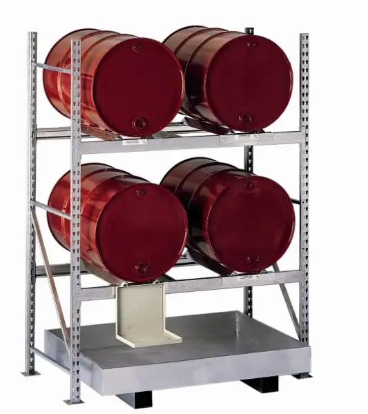 Meta Fassregal MINI-RACK für 4x200-Liter Fässer | Grundregal | HxBxT 220x140x80cm | 2 Ebenen für Fässer & 1 Auffangwanne | Fachlast 600kg | Verzinkt