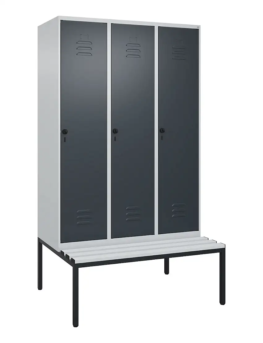 C+P Spind Classic PLUS mit untergebauter Sitzbank aus Kunststoff | 3 Abteile | HxBxT 212x120x81,5cm | Sicherheits-Drehriegel | Stahl | Lichtgrau/Anthrazitgrau