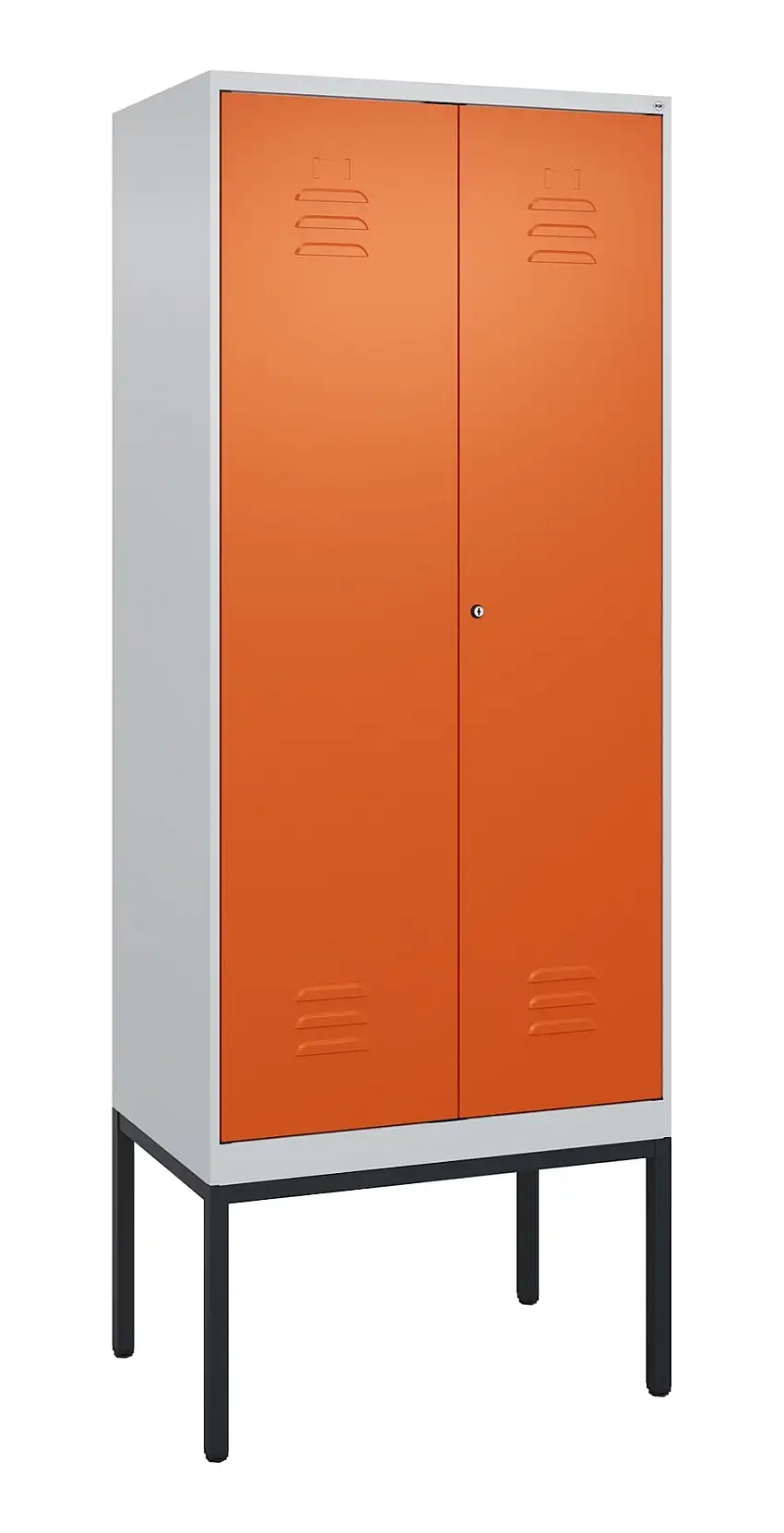 C+P Doppel-Spind Classic PLUS mit Gestell | 2 Abteile mit Trennwand im oberen Fach | HxBxT 212x80x50cm | Zylinderschloss | Stahl | Lichtgrau/Reinorange