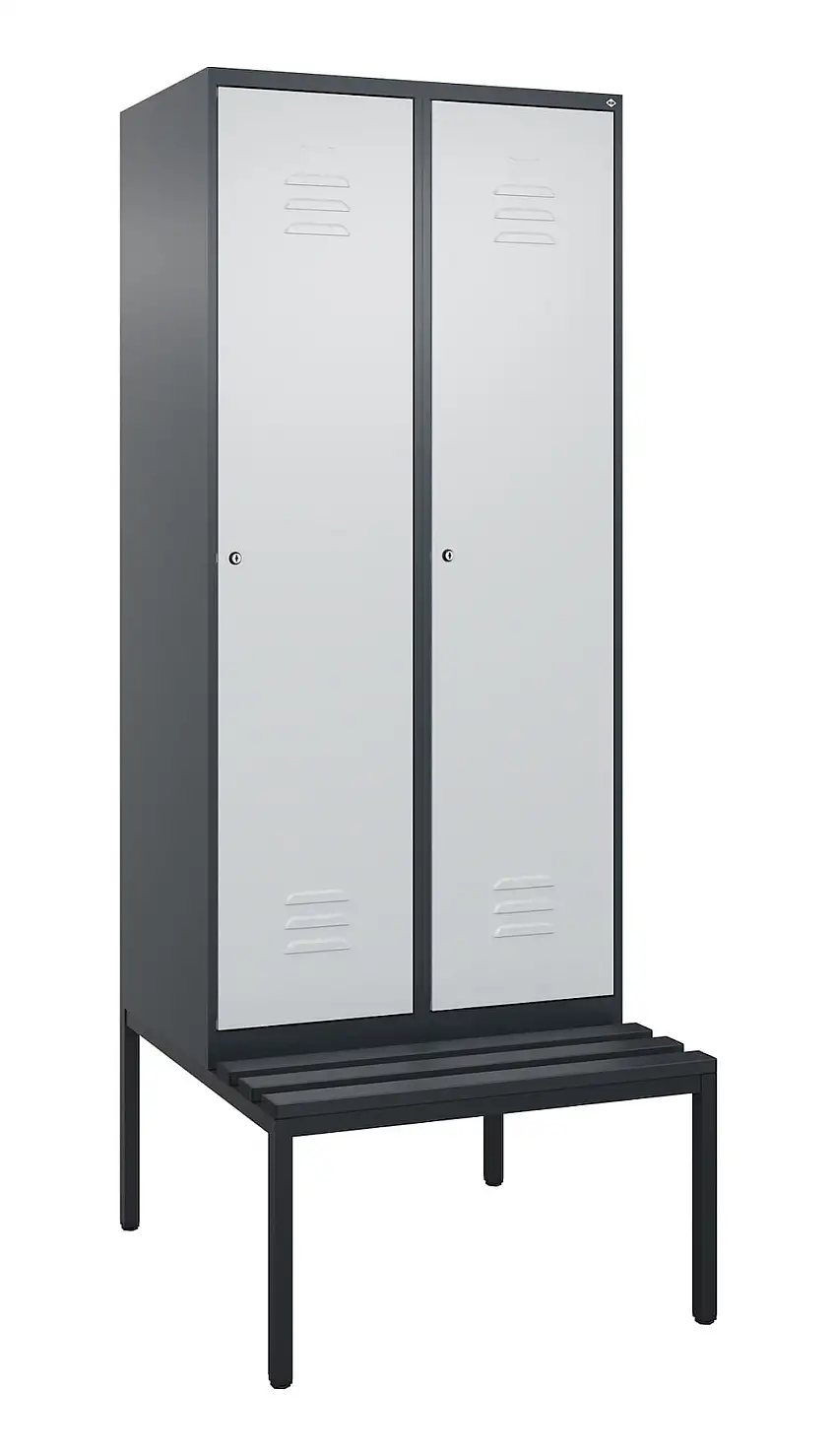 C+P Spind Classic PLUS mit untergebauter Sitzbank aus Kunststoff | 2 Abteile mit Mitteltrennwand | HxBxT 212x80x81,5cm | Zylinderschloss | Stahl | Anthrazitgrau/Lichtgrau
