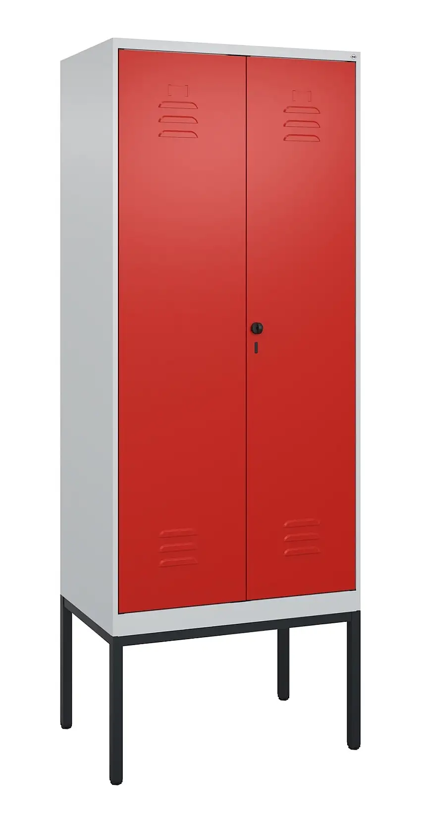 C+P Doppel-Spind Classic PLUS mit Gestell | 2 Abteile mit Trennwand im oberen Fach | HxBxT 212x80x50cm | Sicherheits-Drehriegel | Stahl | Lichtgrau/Verkehrsrot