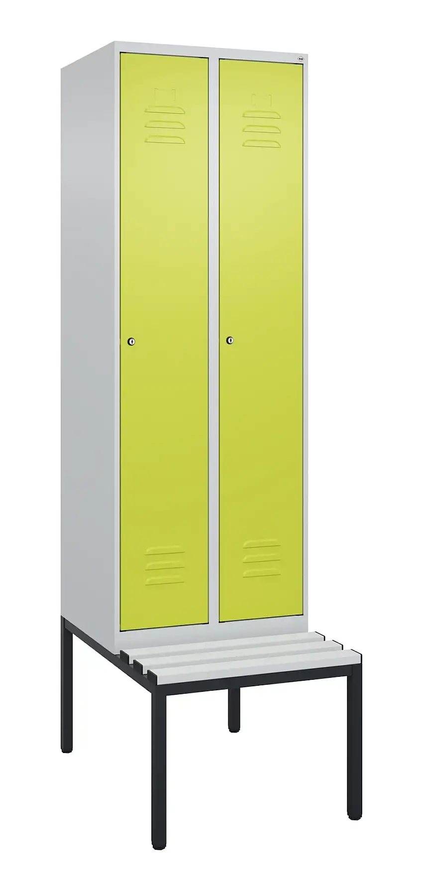 C+P Spind Classic PLUS mit untergebauter Sitzbank aus Kunststoff | 2 Abteile mit Mitteltrennwand | HxBxT 212x60x81,5cm | Zylinderschloss | Stahl | Lichtgrau/Clowngrün