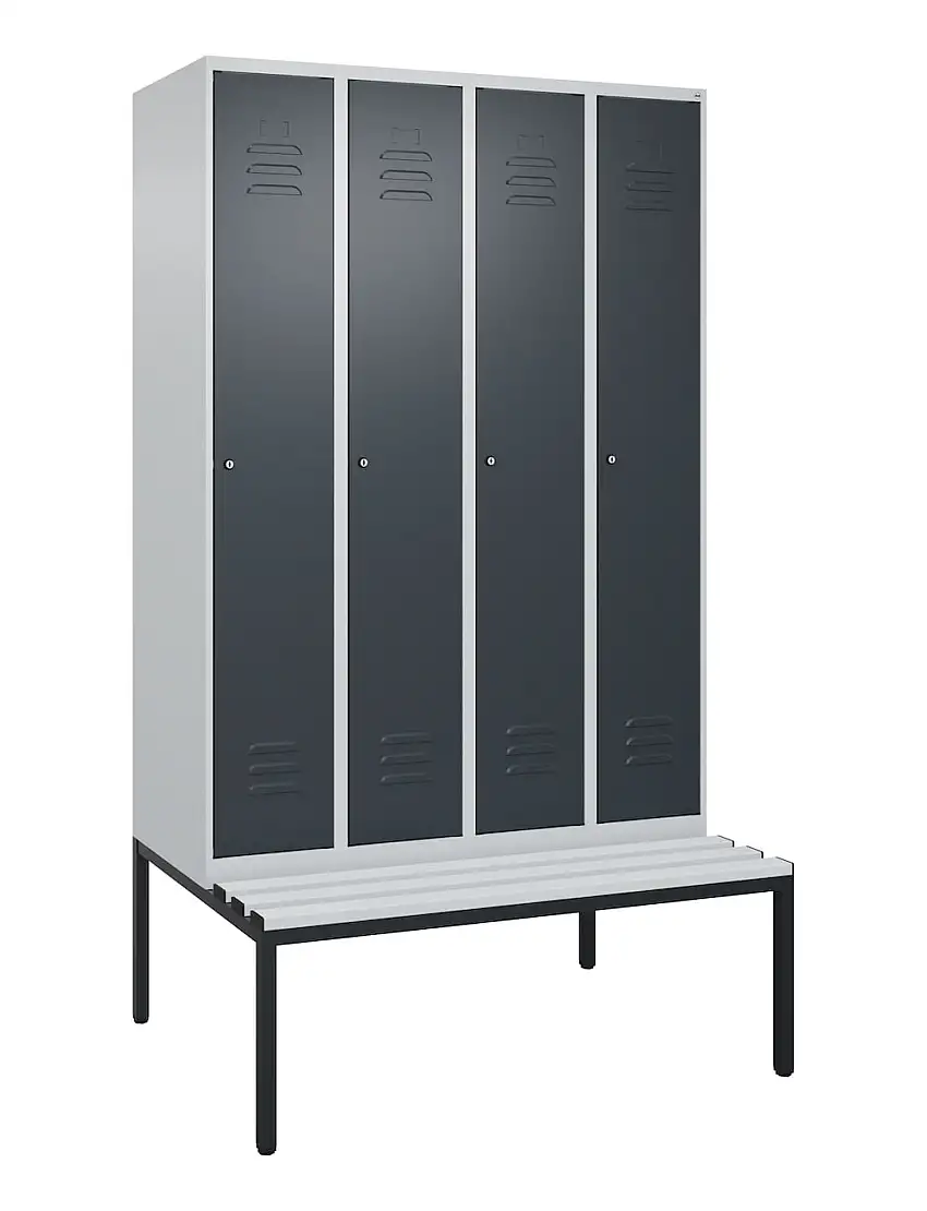 C+P Spind Classic PLUS mit untergebauter Sitzbank aus Kunststoff | 4 Abteile mit Mitteltrennwand | HxBxT 212x120x81,5cm | Zylinderschloss | Stahl | Lichtgrau/Anthrazitgrau