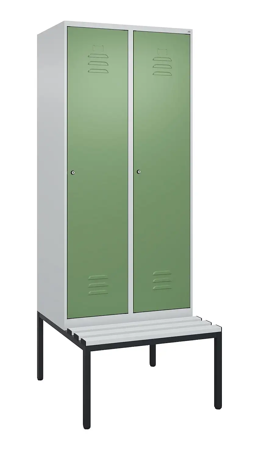 C+P Spind Classic PLUS mit untergebauter Sitzbank aus Kunststoff | 2 Abteile | HxBxT 212x80x81,5cm | Zylinderschloss | Stahl | Lichtgrau/Resedagrün