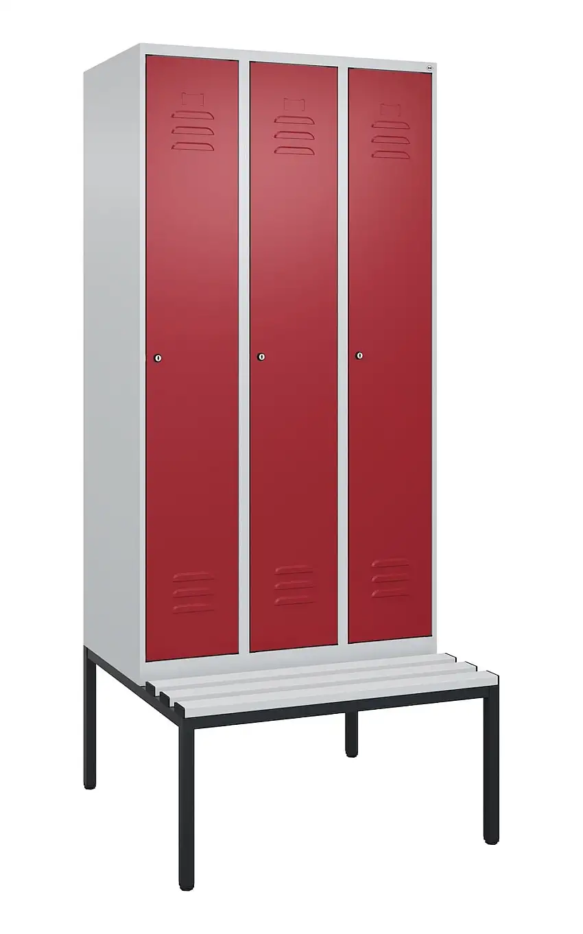 C+P Spind Classic PLUS mit untergebauter Sitzbank aus Kunststoff | 3 Abteile mit Mitteltrennwand | HxBxT 212x90x81,5cm | Zylinderschloss | Stahl | Lichtgrau/Rubinrot