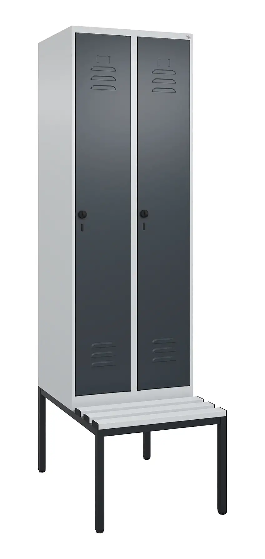 C+P Spind Classic PLUS mit untergebauter Sitzbank aus Kunststoff | 2 Abteile mit Mitteltrennwand | HxBxT 212x60x81,5cm | Sicherheits-Drehriegel | Stahl | Lichtgrau/Anthrazitgrau