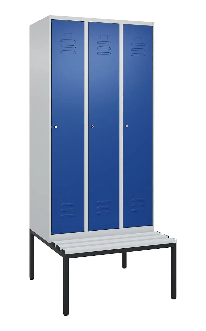 C+P Spind Classic PLUS mit untergebauter Sitzbank aus Kunststoff | 3 Abteile mit Mitteltrennwand | HxBxT 212x90x81,5cm | Zylinderschloss | Stahl | Lichtgrau/Enzianblau