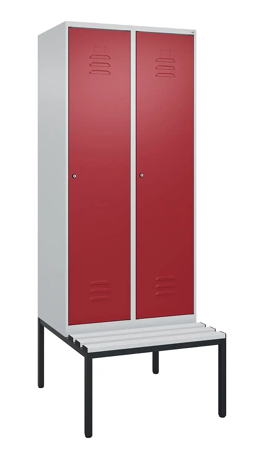 C+P Spind Classic PLUS mit untergebauter Sitzbank aus Kunststoff | 2 Abteile | HxBxT 212x80x81,5cm | Zylinderschloss | Stahl | Lichtgrau/Rubinrot