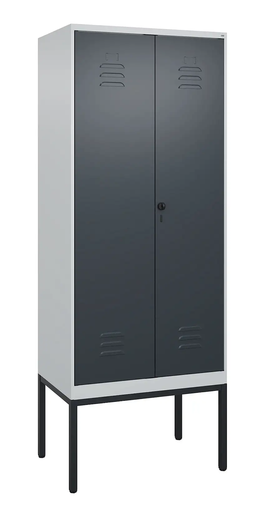 C+P Doppel-Spind Classic PLUS mit Gestell | 2 Abteile mit Trennwand im oberen Fach | HxBxT 212x80x50cm | Sicherheits-Drehriegel | Stahl | Lichtgrau/Anthrazitgrau
