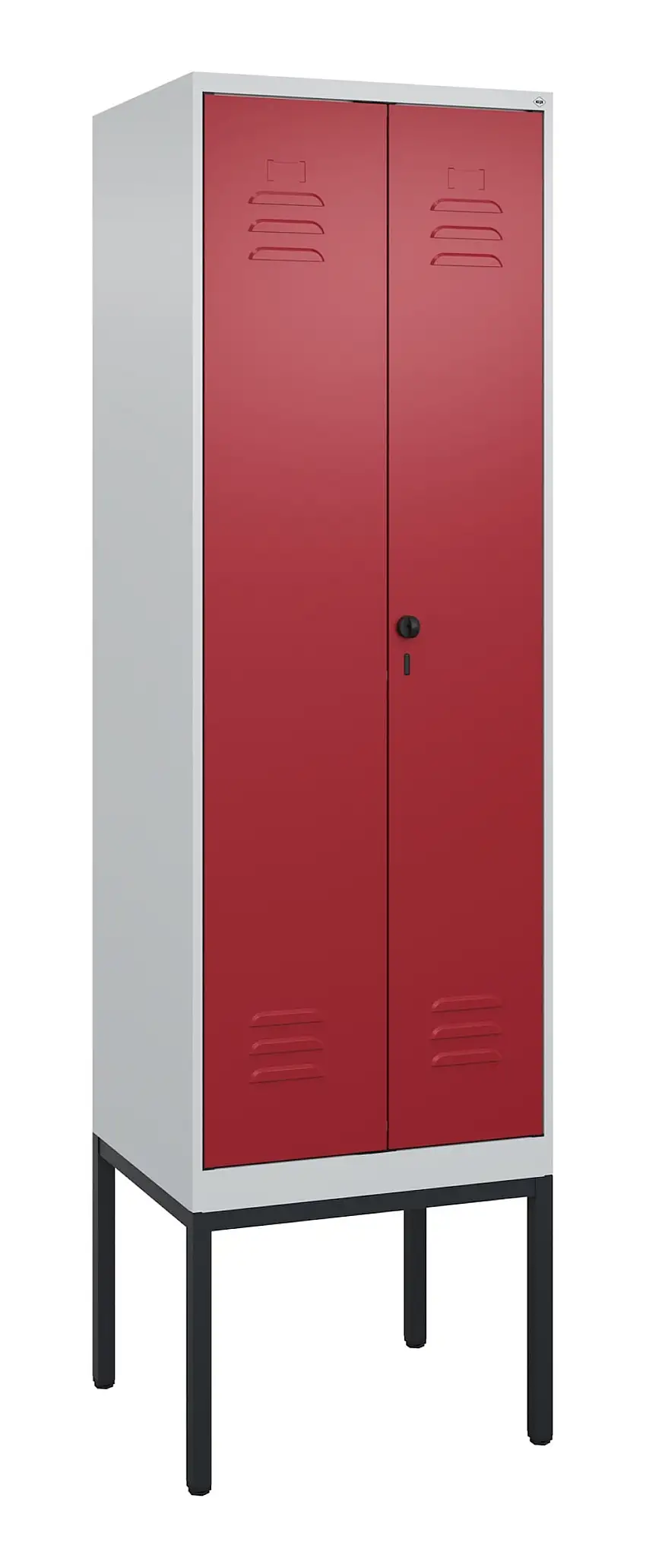 C+P Doppel-Spind Classic PLUS mit Gestell | 2 Abteile | HxBxT 212x60x50cm | Sicherheits-Drehriegel | Stahl | Lichtgrau/Rubinrot