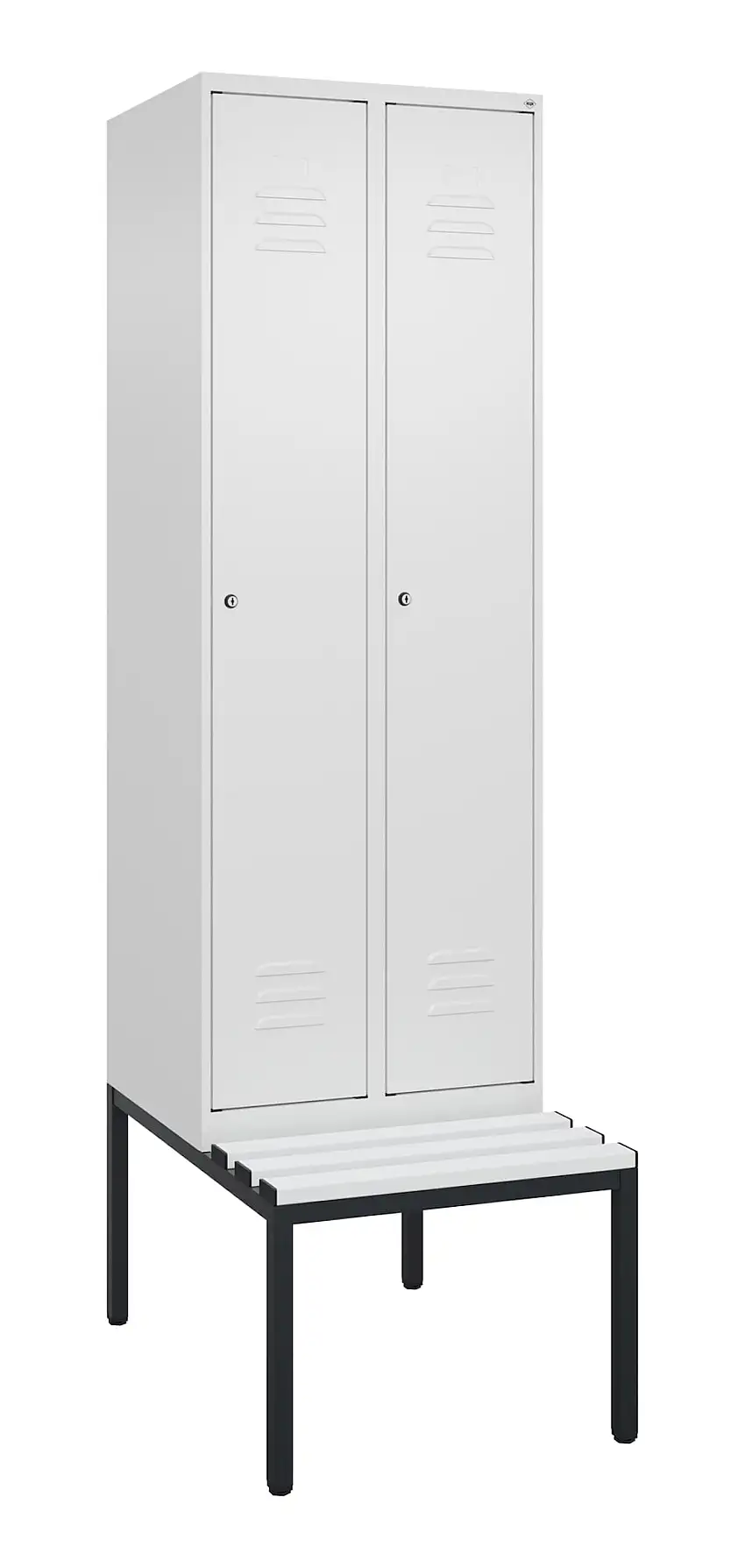 C+P Spind Classic PLUS mit untergebauter Sitzbank aus Kunststoff | 2 Abteile | HxBxT 212x60x81,5cm | Zylinderschloss | Stahl | Verkehrsweiß/Verkehrsweiß