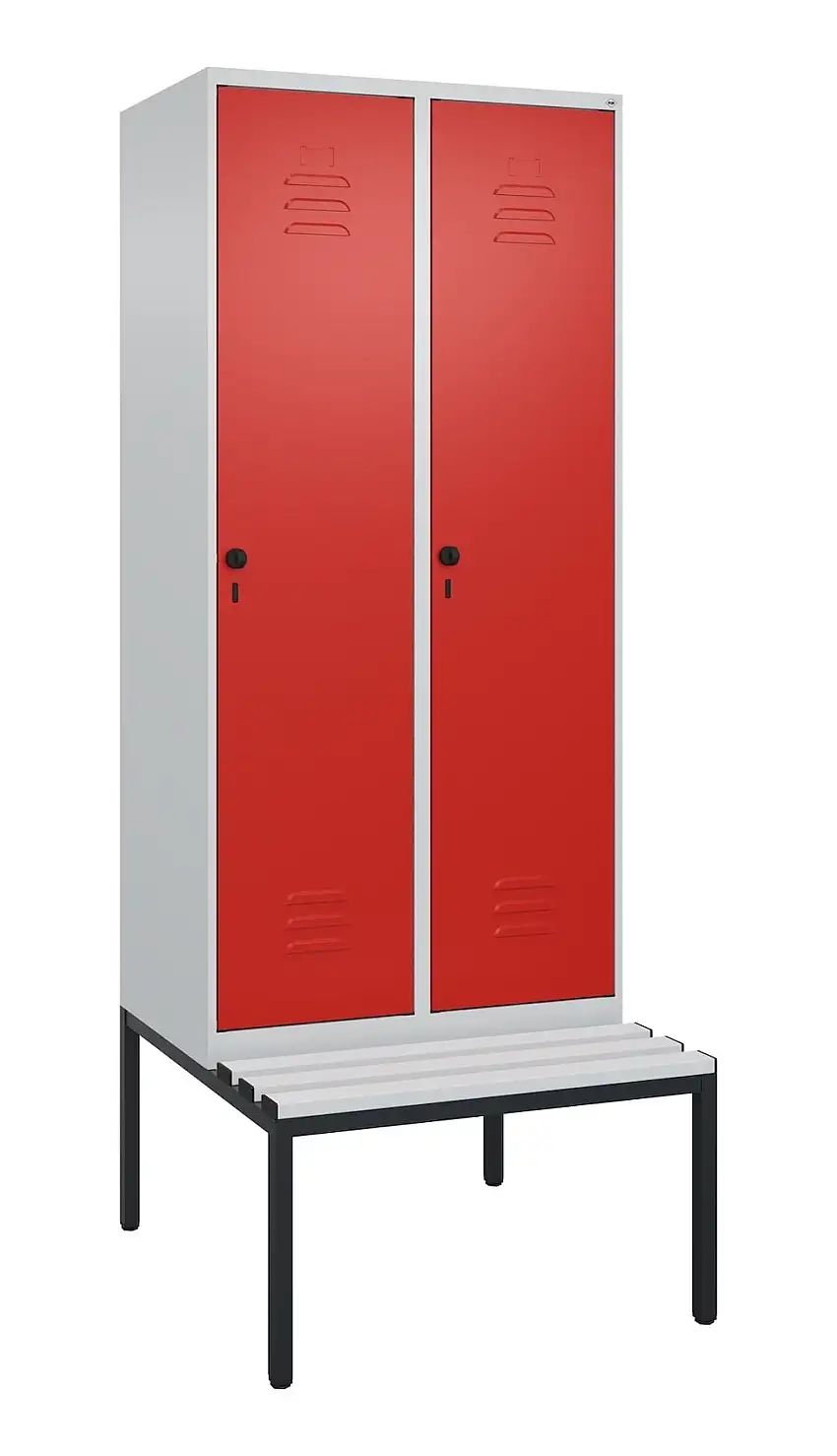 C+P Spind Classic PLUS mit untergebauter Sitzbank aus Kunststoff | 2 Abteile mit Mitteltrennwand | HxBxT 212x80x81,5cm | Sicherheits-Drehriegel | Stahl | Lichtgrau/Verkehrsrot