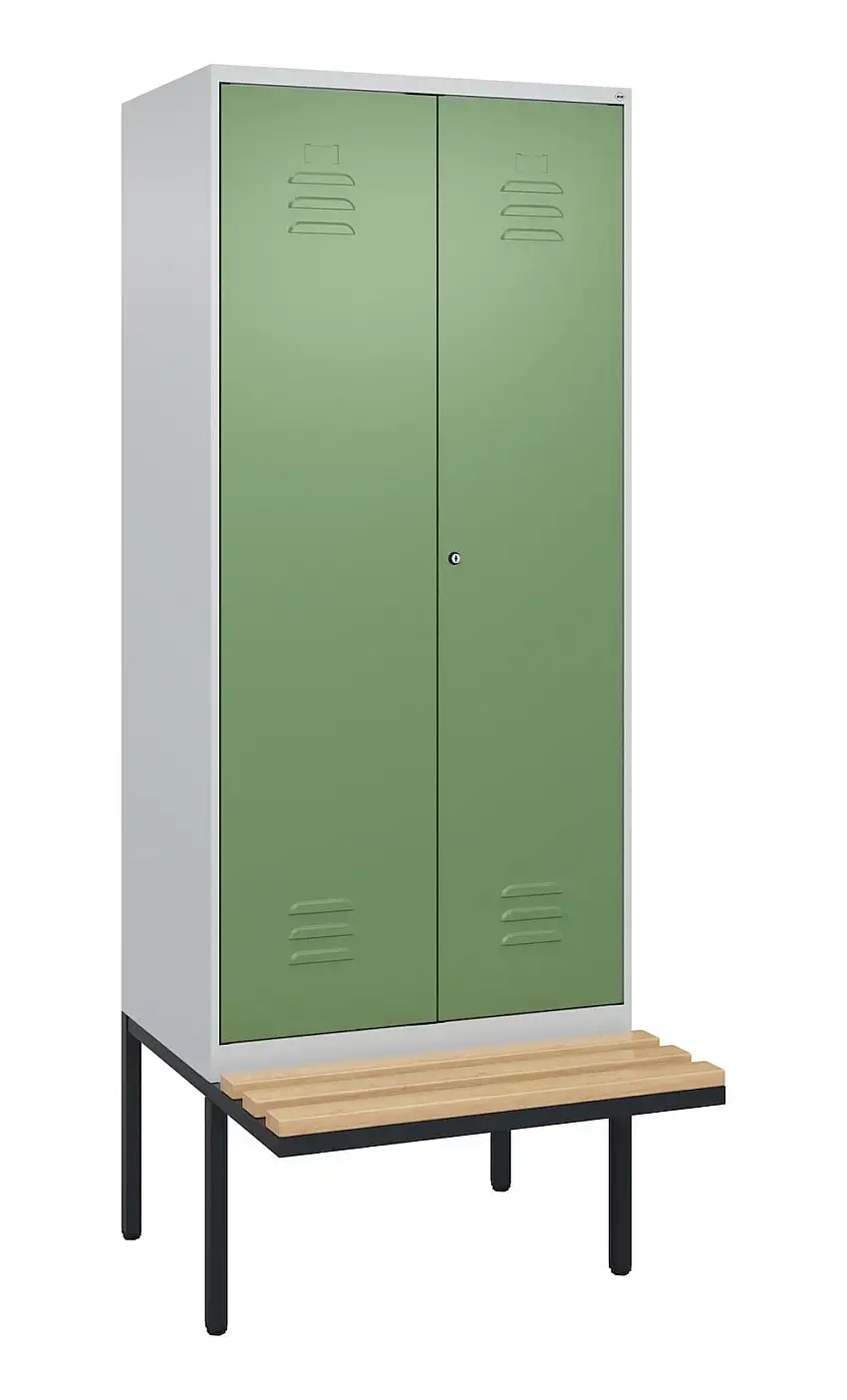 C+P Doppel-Spind Classic PLUS mit schwebender Sitzbank aus Buche-Hartholz | 2 Abteile | HxBxT 212x80x81,5cm | Zylinderschloss | Stahl | Lichtgrau/Resedagrün