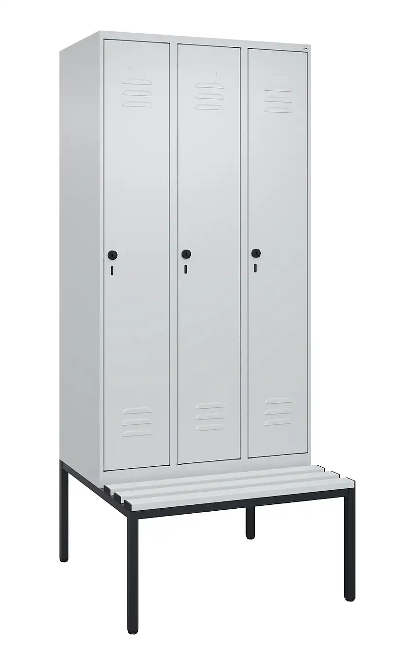C+P Spind Classic PLUS mit untergebauter Sitzbank aus Kunststoff | 3 Abteile mit Mitteltrennwand | HxBxT 212x90x81,5cm | Sicherheits-Drehriegel | Stahl | Lichtgrau/Lichtgrau