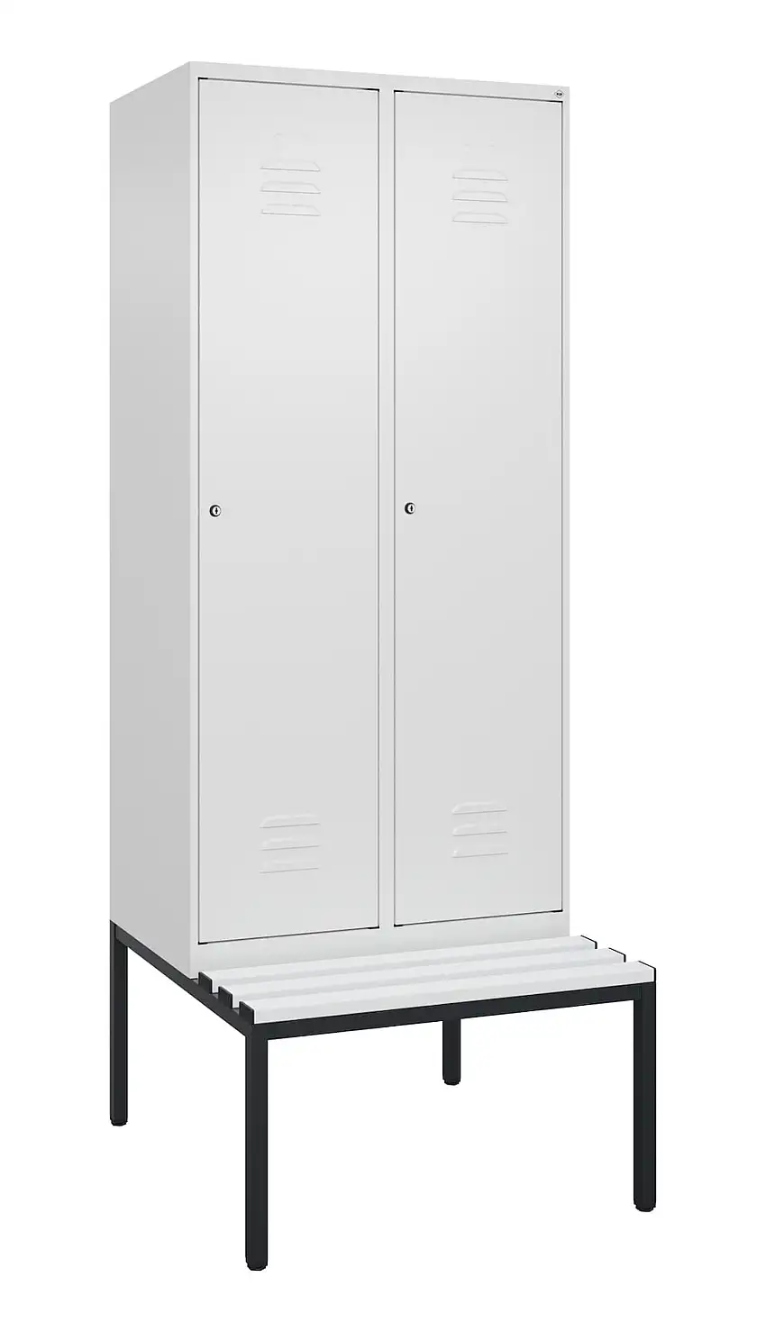 C+P Spind Classic PLUS mit untergebauter Sitzbank aus Kunststoff | 2 Abteile | HxBxT 212x80x81,5cm | Zylinderschloss | Stahl | Verkehrsweiß/Verkehrsweiß