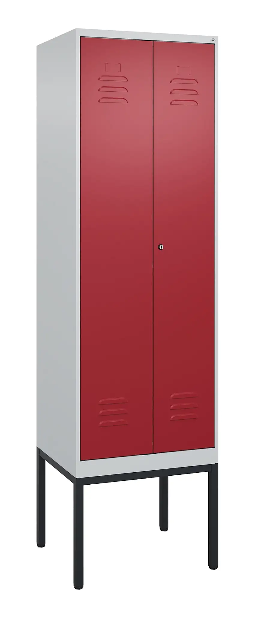 C+P Doppel-Spind Classic PLUS mit Gestell | 2 Abteile mit Trennwand im oberen Fach | HxBxT 212x60x50cm | Zylinderschloss | Stahl | Lichtgrau/Rubinrot