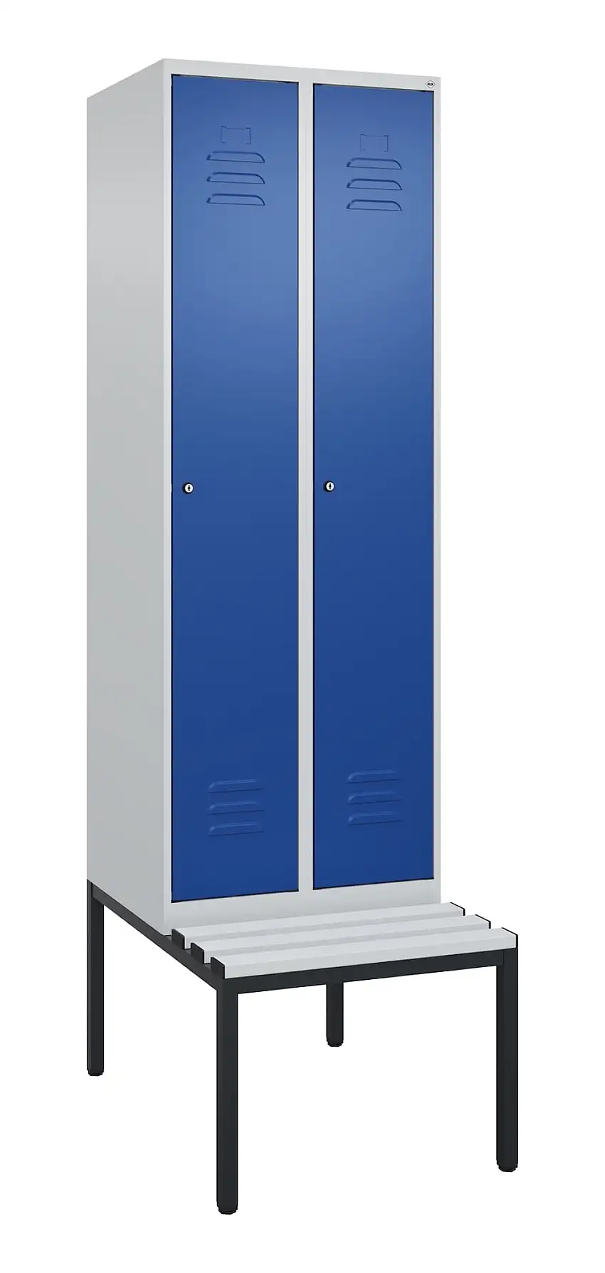 C+P Spind Classic PLUS mit untergebauter Sitzbank aus Kunststoff | 2 Abteile mit Mitteltrennwand | HxBxT 212x60x81,5cm | Zylinderschloss | Stahl | Lichtgrau/Enzianblau