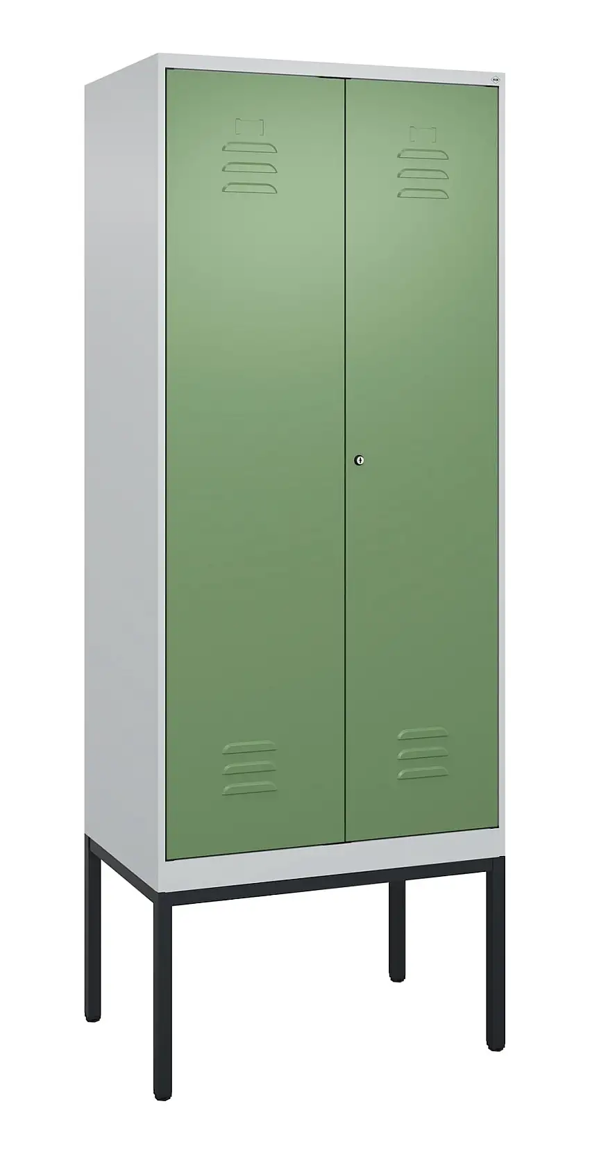 C+P Doppel-Spind Classic PLUS mit Gestell | 2 Abteile mit Trennwand im oberen Fach | HxBxT 212x80x50cm | Zylinderschloss | Stahl | Lichtgrau/Resedagrün