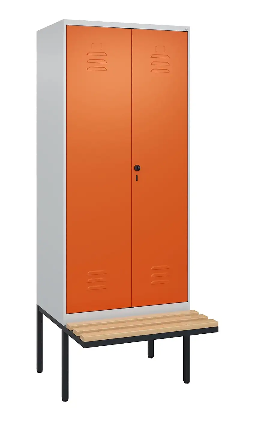 C+P Doppel-Spind Classic PLUS mit schwebender Sitzbank aus Buche-Hartholz | 2 Abteile | HxBxT 212x80x81,5cm | Sicherheits-Drehriegel | Stahl | Lichtgrau/Reinorange