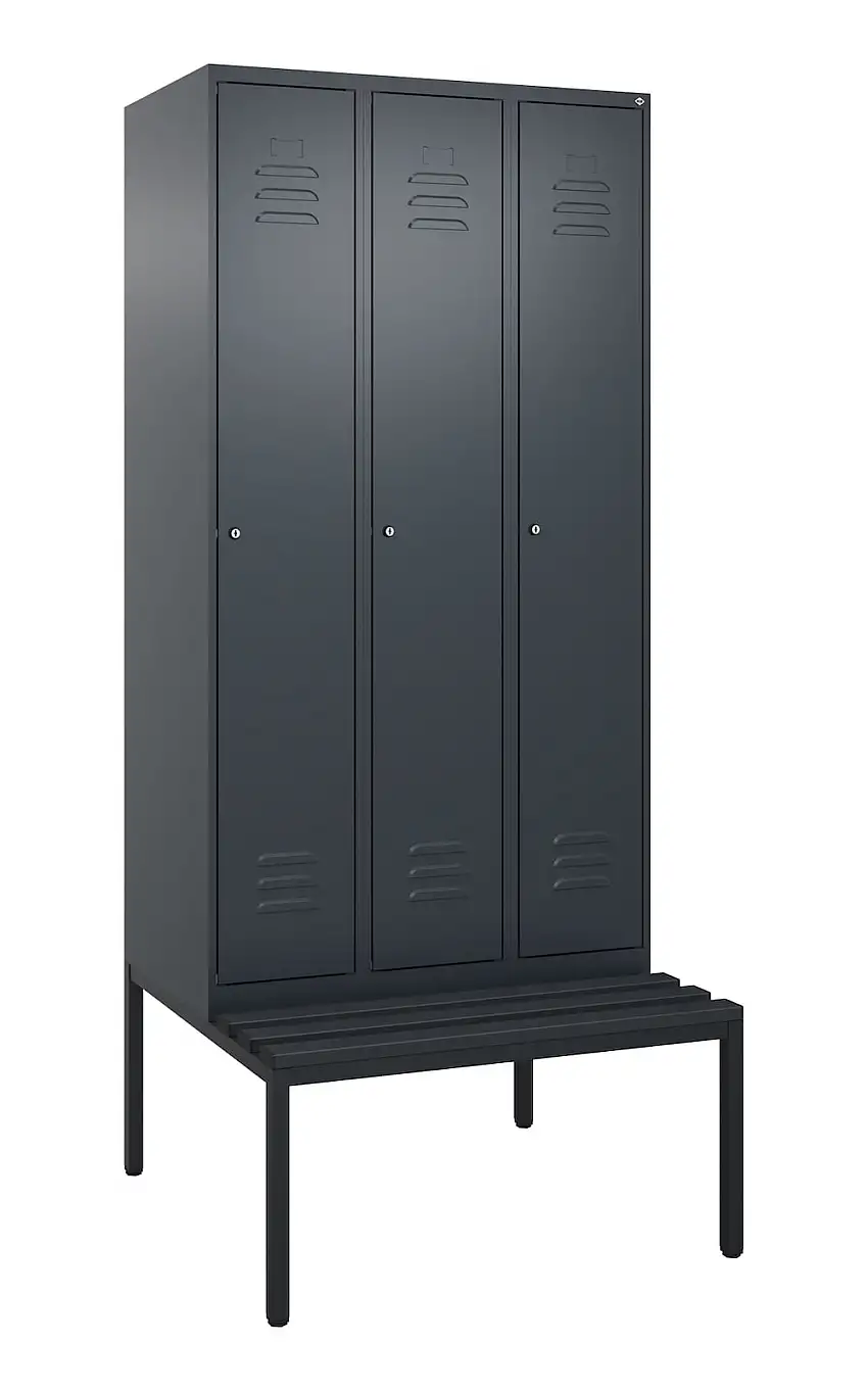 C+P Spind Classic PLUS mit untergebauter Sitzbank aus Kunststoff | 3 Abteile mit Mitteltrennwand | HxBxT 212x90x81,5cm | Zylinderschloss | Stahl | Anthrazitgrau/Anthrazitgrau