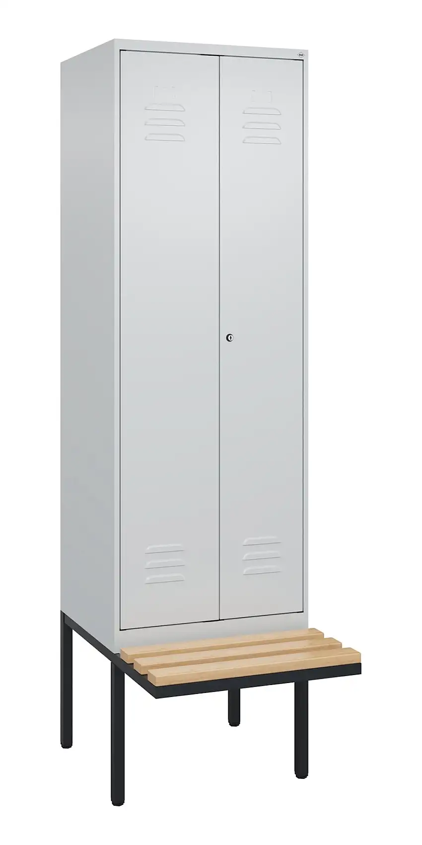 C+P Doppel-Spind Classic PLUS mit schwebender Sitzbank aus Buche-Hartholz | 2 Abteile | HxBxT 212x60x81,5cm | Zylinderschloss | Stahl | Lichtgrau/Lichtgrau