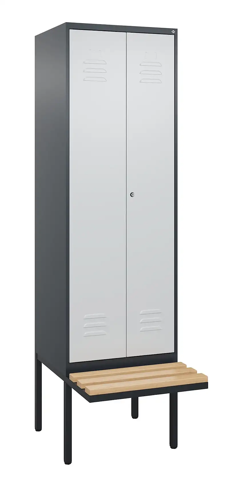 C+P Doppel-Spind Classic PLUS mit schwebender Sitzbank aus Buche-Hartholz | 2 Abteile | HxBxT 212x60x81,5cm | Zylinderschloss | Stahl | Anthrazitgrau/Lichtgrau