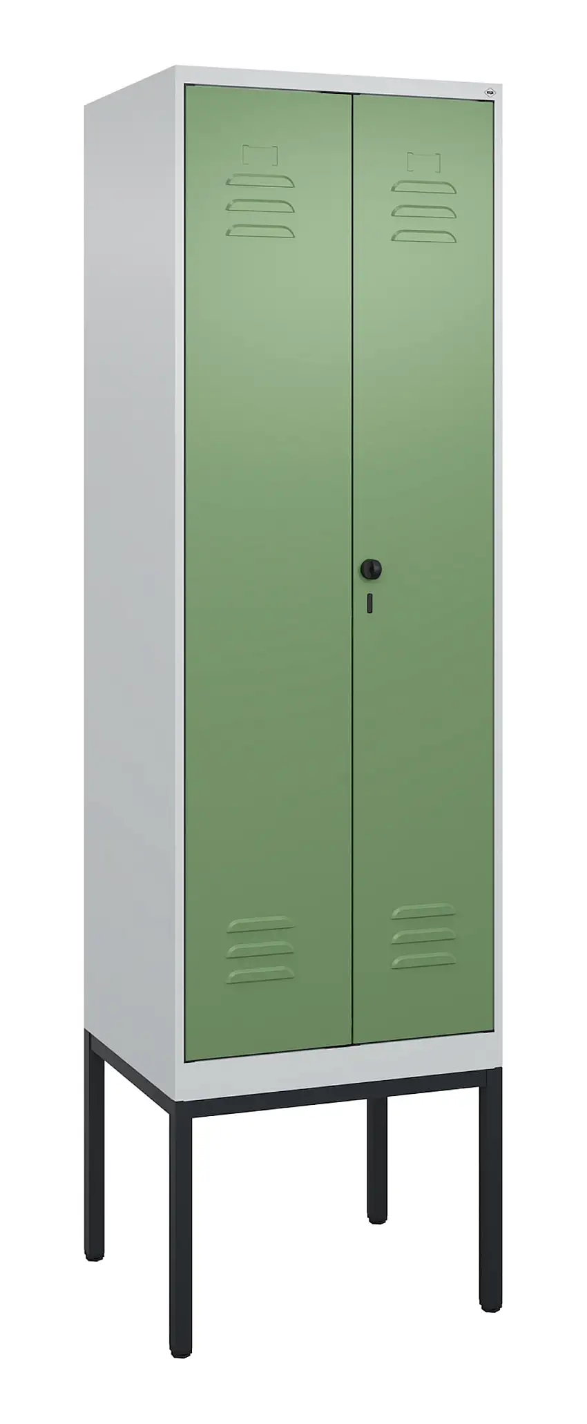C+P Doppel-Spind Classic PLUS mit Gestell | 2 Abteile mit Trennwand im oberen Fach | HxBxT 212x60x50cm | Sicherheits-Drehriegel | Stahl | Lichtgrau/Resedagrün