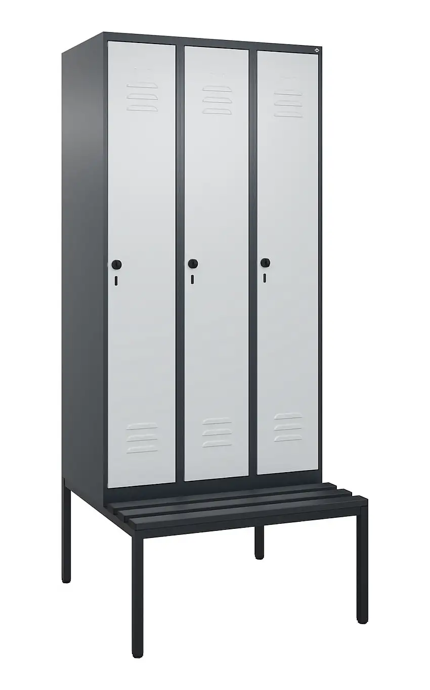 C+P Spind Classic PLUS mit untergebauter Sitzbank aus Kunststoff | 3 Abteile mit Mitteltrennwand | HxBxT 212x90x81,5cm | Sicherheits-Drehriegel | Stahl | Anthrazitgrau/Lichtgrau