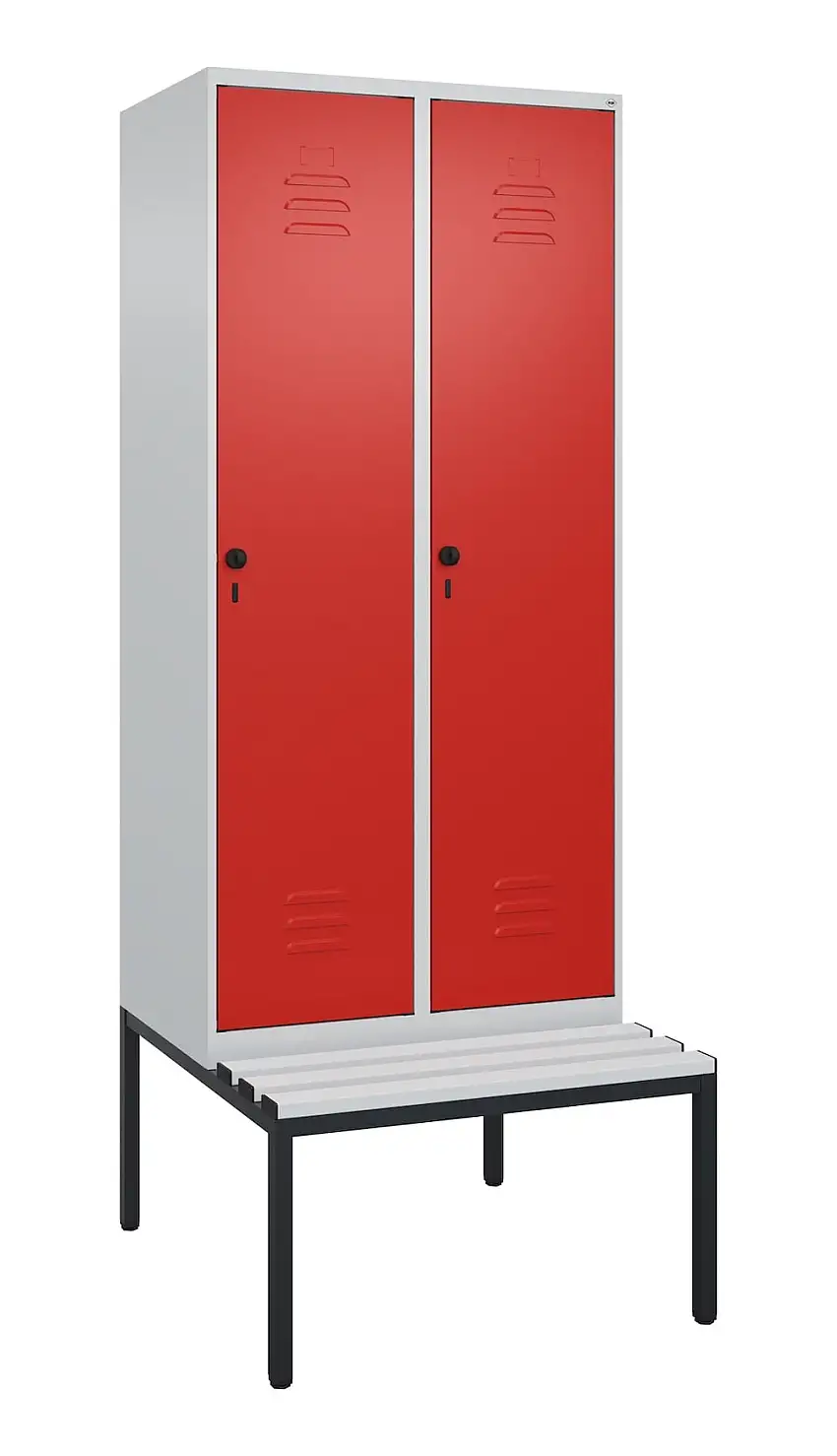 C+P Spind Classic PLUS mit untergebauter Sitzbank aus Kunststoff | 2 Abteile | HxBxT 212x80x81,5cm | Sicherheits-Drehriegel | Stahl | Lichtgrau/Verkehrsrot