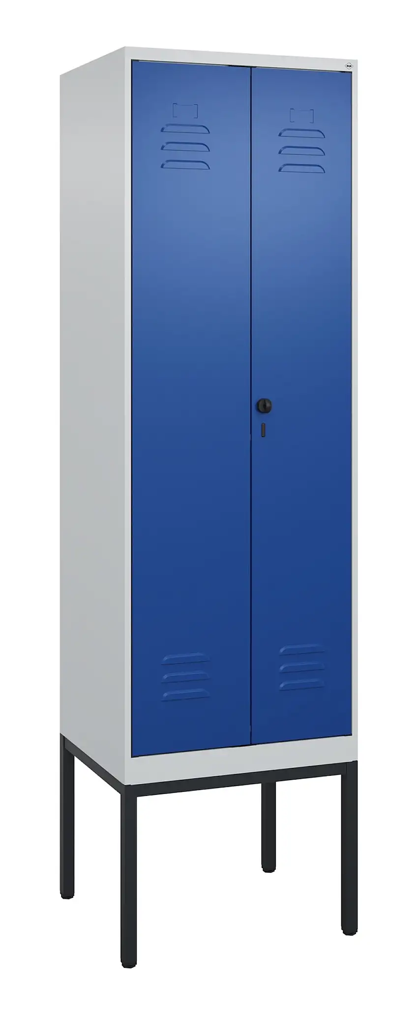 C+P Doppel-Spind Classic PLUS mit Gestell | 2 Abteile mit Trennwand im oberen Fach | HxBxT 212x60x50cm | Sicherheits-Drehriegel | Stahl | Lichtgrau/Enzianblau