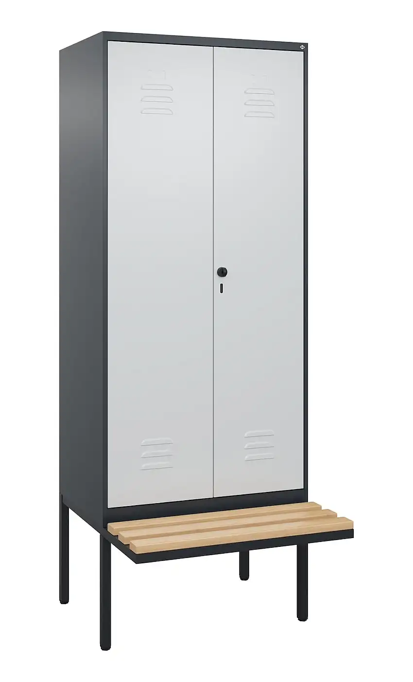 C+P Doppel-Spind Classic PLUS mit schwebender Sitzbank aus Buche-Hartholz | 2 Abteile | HxBxT 212x80x81,5cm | Sicherheits-Drehriegel | Stahl | Anthrazitgrau/Lichtgrau
