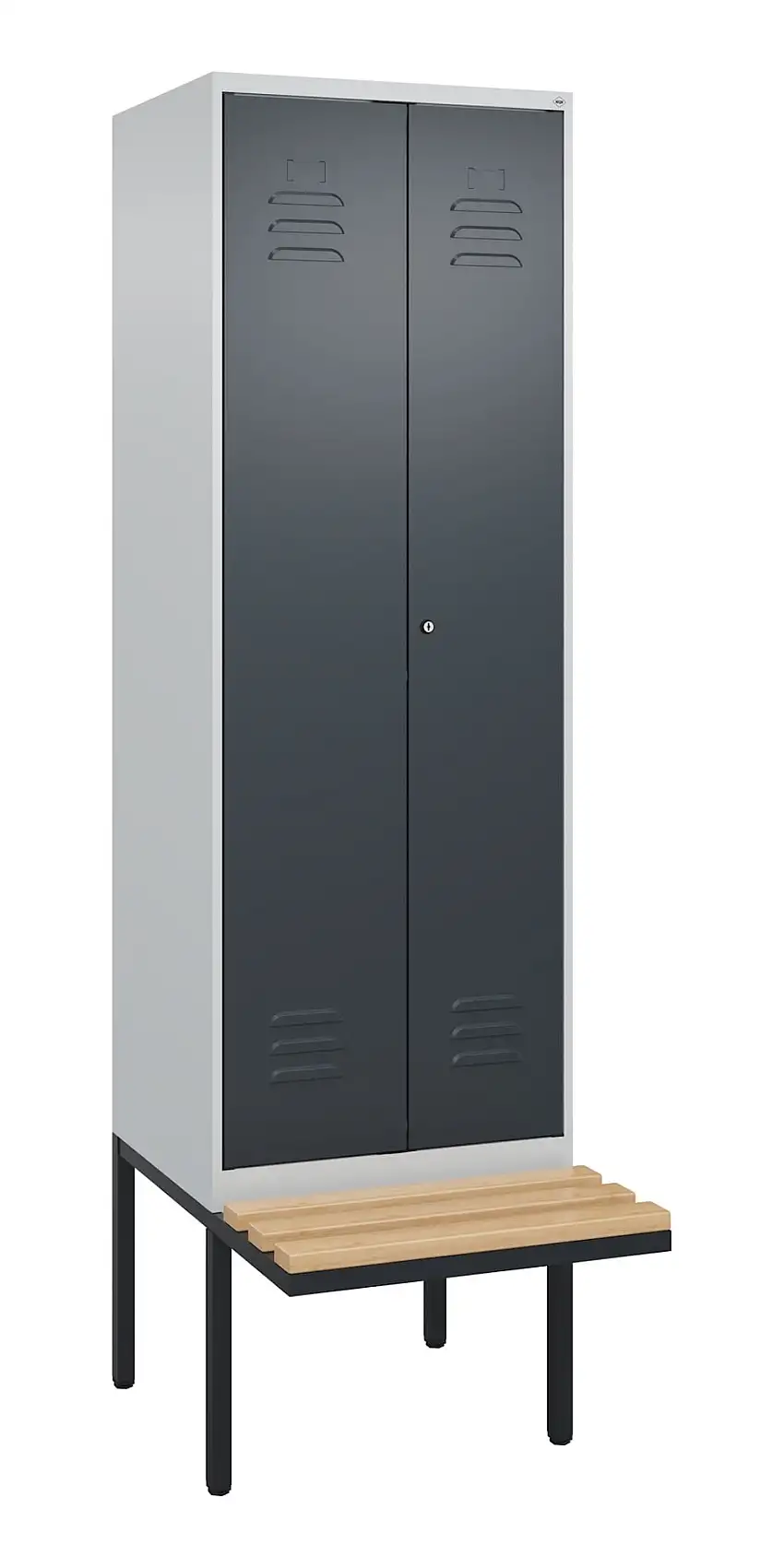 C+P Doppel-Spind Classic PLUS mit schwebender Sitzbank aus Buche-Hartholz | 2 Abteile | HxBxT 212x60x81,5cm | Zylinderschloss | Stahl | Lichtgrau/Anthrazitgrau