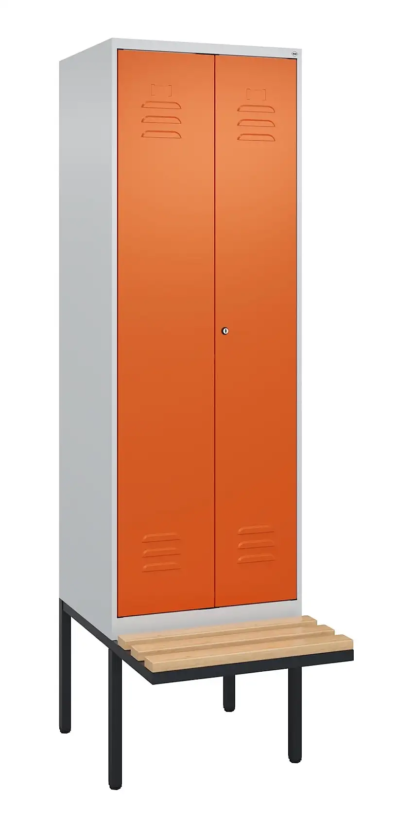 C+P Doppel-Spind Classic PLUS mit schwebender Sitzbank aus Buche-Hartholz | 2 Abteile | HxBxT 212x60x81,5cm | Zylinderschloss | Stahl | Lichtgrau/Reinorange