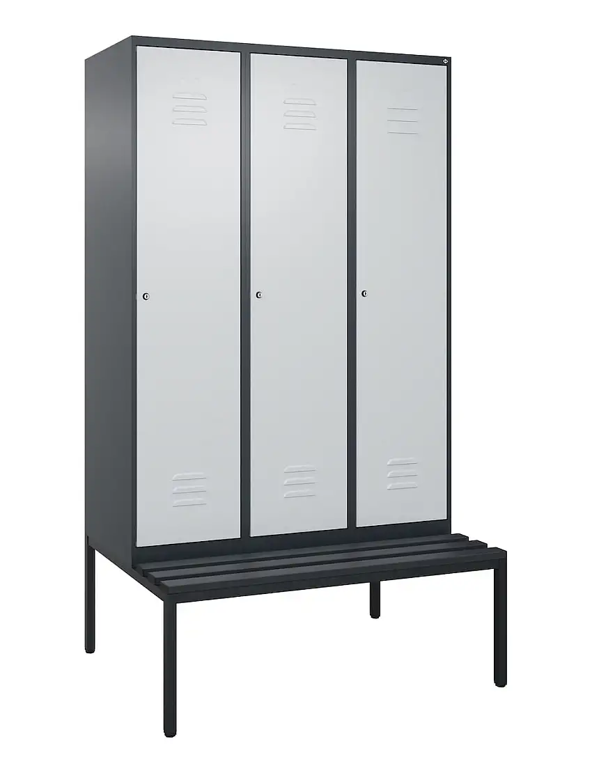 C+P Spind Classic PLUS mit untergebauter Sitzbank aus Kunststoff | 3 Abteile | HxBxT 212x120x81,5cm | Zylinderschloss | Stahl | Anthrazitgrau/Lichtgrau