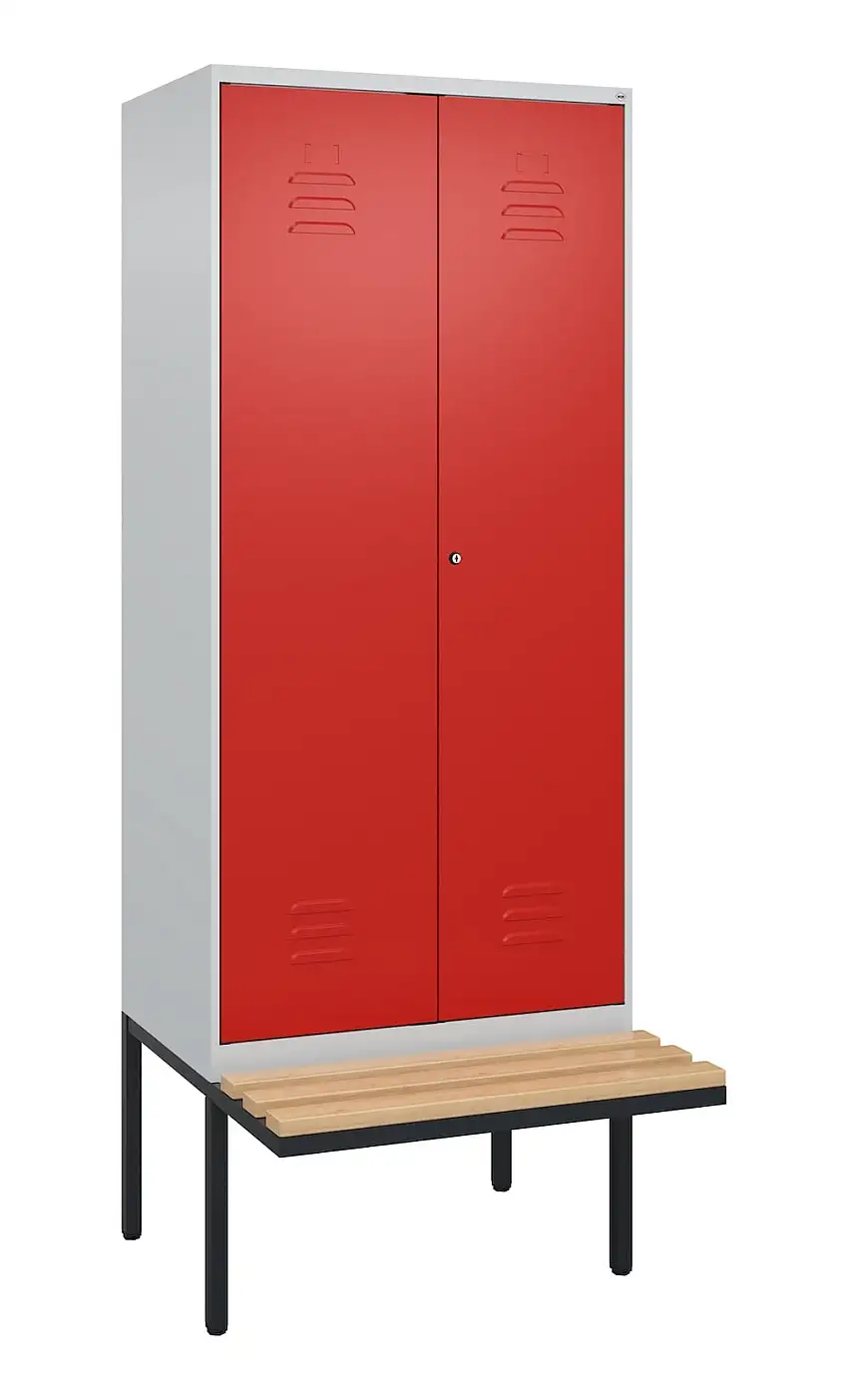 C+P Doppel-Spind Classic PLUS mit schwebender Sitzbank aus Buche-Hartholz | 2 Abteile | HxBxT 212x80x81,5cm | Zylinderschloss | Stahl | Lichtgrau/Verkehrsrot