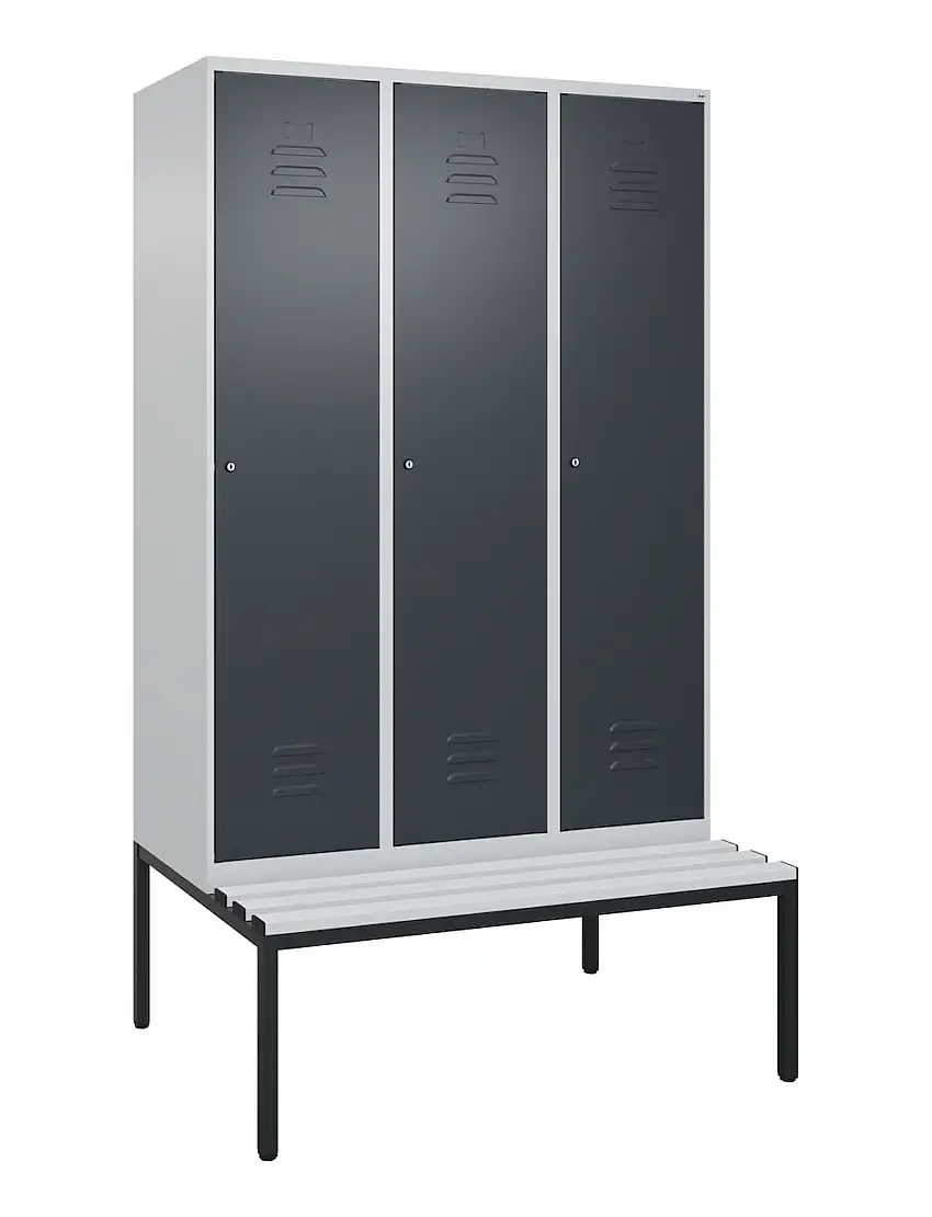 C+P Spind Classic PLUS mit untergebauter Sitzbank aus Kunststoff | 3 Abteile | HxBxT 212x120x81,5cm | Zylinderschloss | Stahl | Lichtgrau/Anthrazitgrau