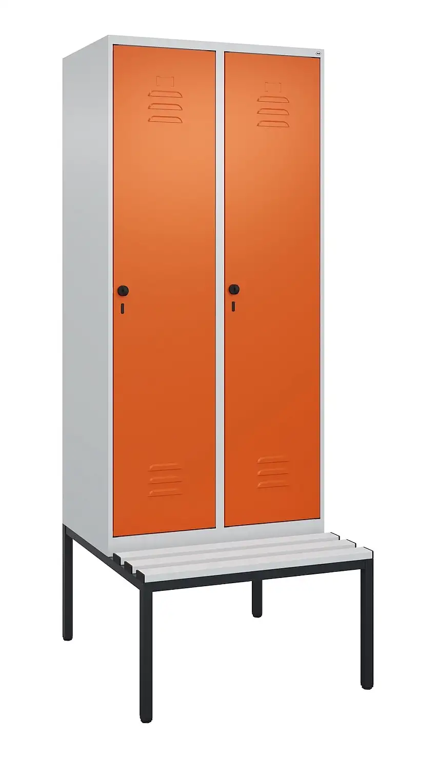C+P Spind Classic PLUS mit untergebauter Sitzbank aus Kunststoff | 2 Abteile | HxBxT 212x80x81,5cm | Sicherheits-Drehriegel | Stahl | Lichtgrau/Reinorange