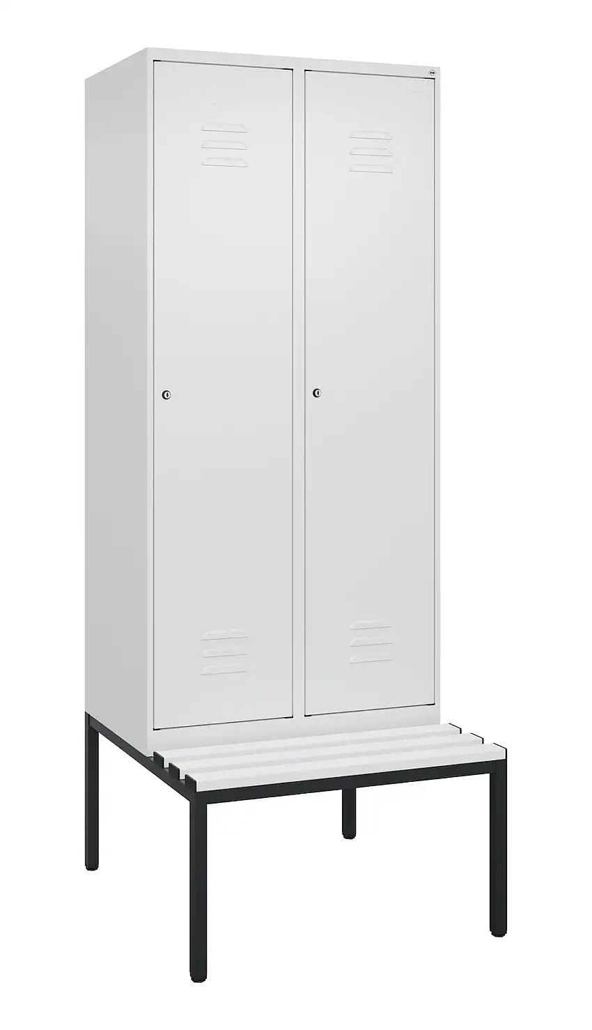 C+P Spind Classic PLUS mit untergebauter Sitzbank aus Kunststoff | 2 Abteile mit Mitteltrennwand | HxBxT 212x80x81,5cm | Zylinderschloss | Stahl | Verkehrsweiß/Verkehrsweiß