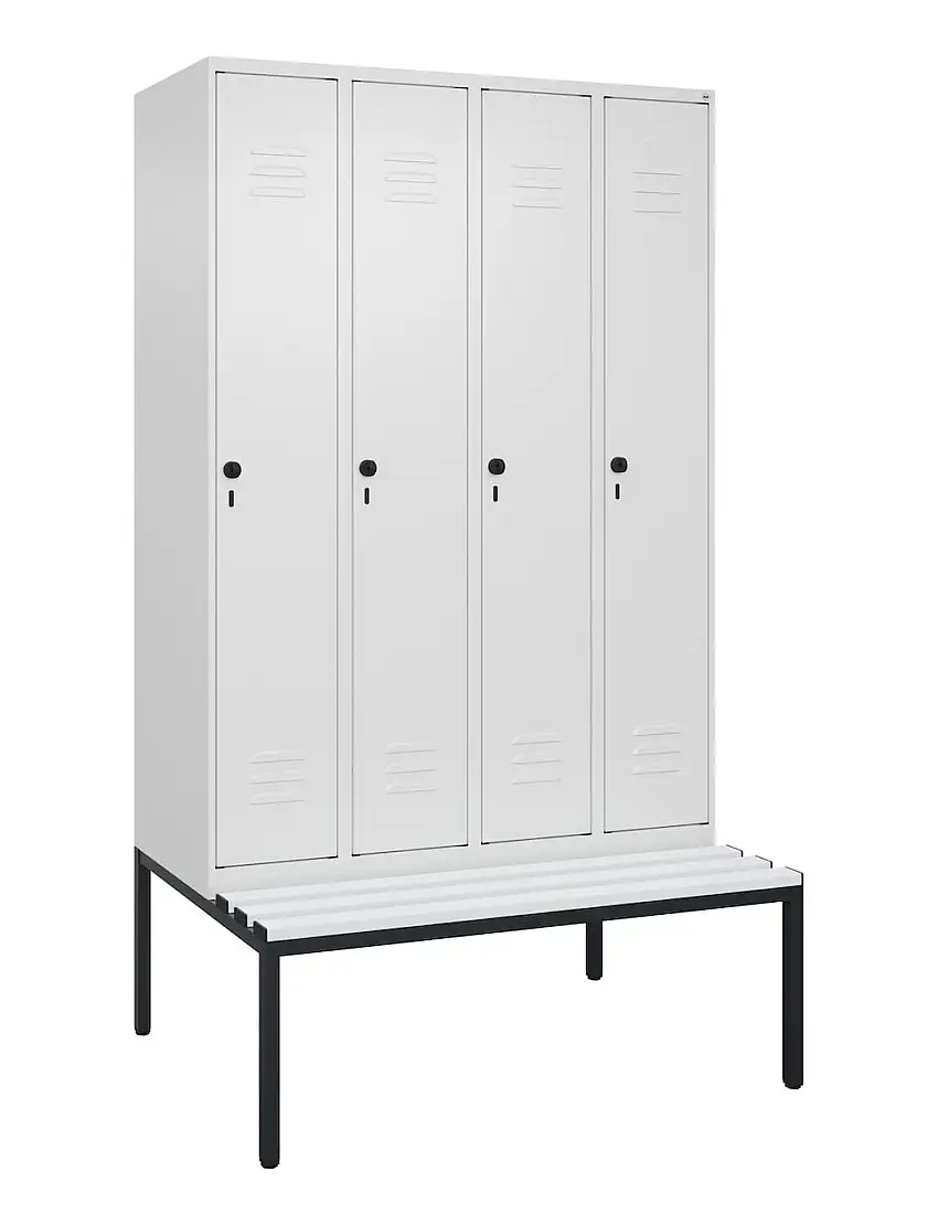 C+P Spind Classic PLUS mit untergebauter Sitzbank aus Kunststoff | 4 Abteile mit Mitteltrennwand | HxBxT 212x120x81,5cm | Sicherheits-Drehriegel | Stahl | Verkehrsweiß/Verkehrsweiß