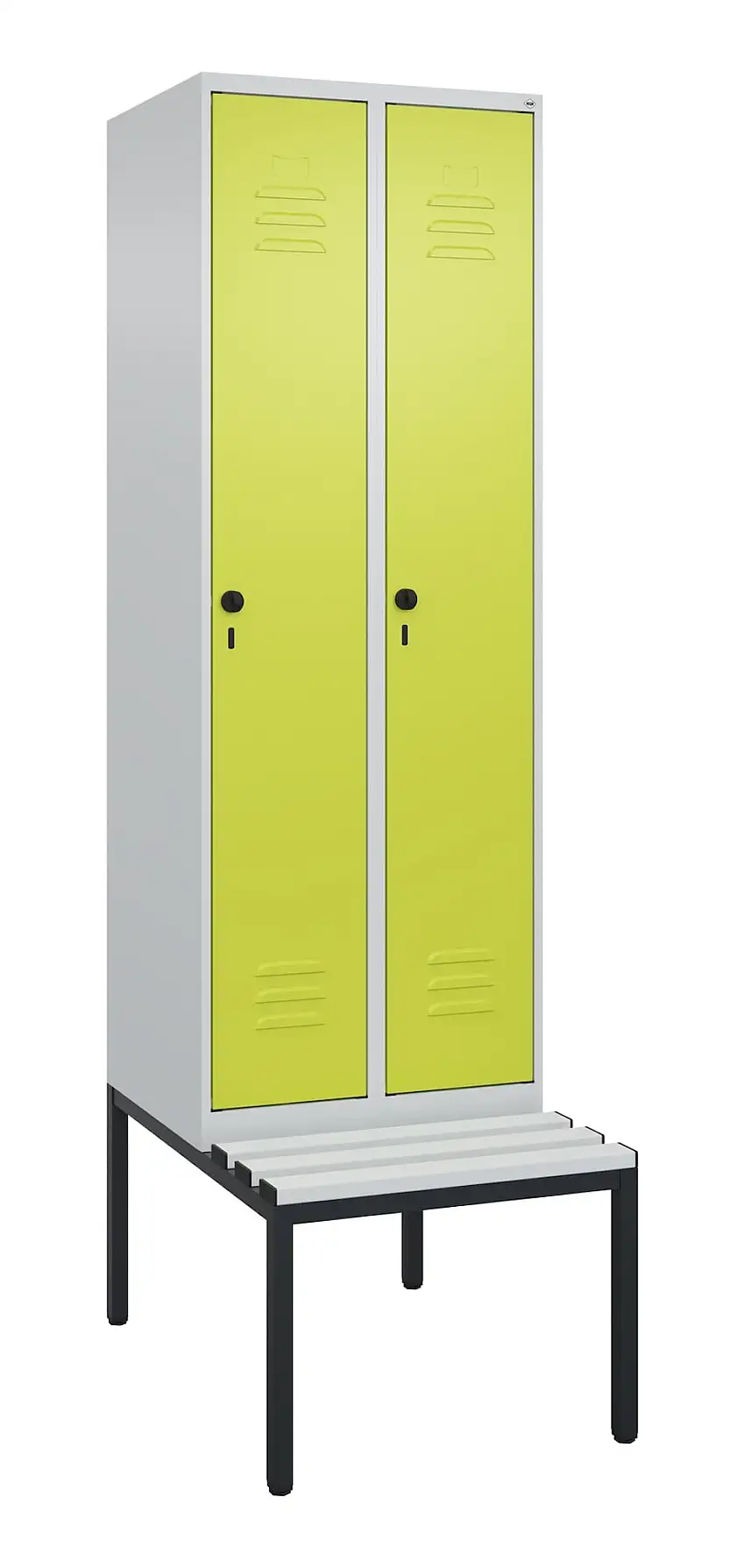 C+P Spind Classic PLUS mit untergebauter Sitzbank aus Kunststoff | 2 Abteile mit Mitteltrennwand | HxBxT 212x60x81,5cm | Sicherheits-Drehriegel | Stahl | Lichtgrau/Clowngrün