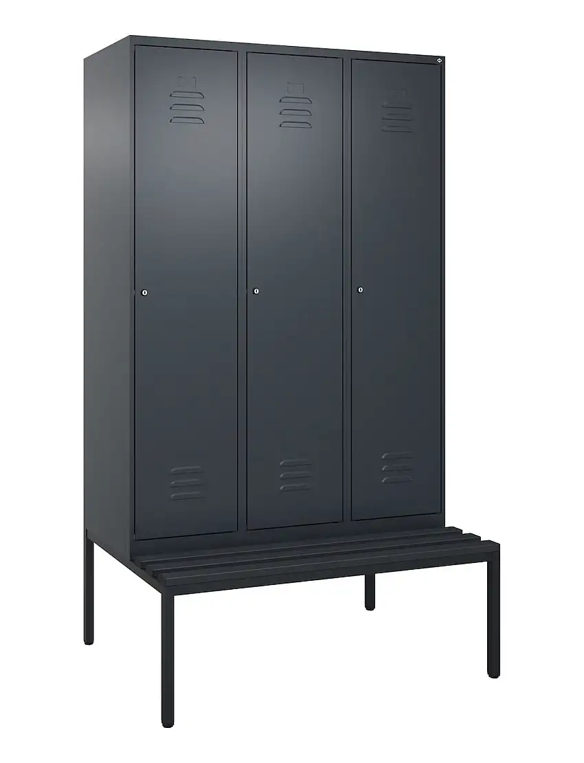 C+P Spind Classic PLUS mit untergebauter Sitzbank aus Kunststoff | 3 Abteile | HxBxT 212x120x81,5cm | Zylinderschloss | Stahl | Anthrazitgrau/Anthrazitgrau